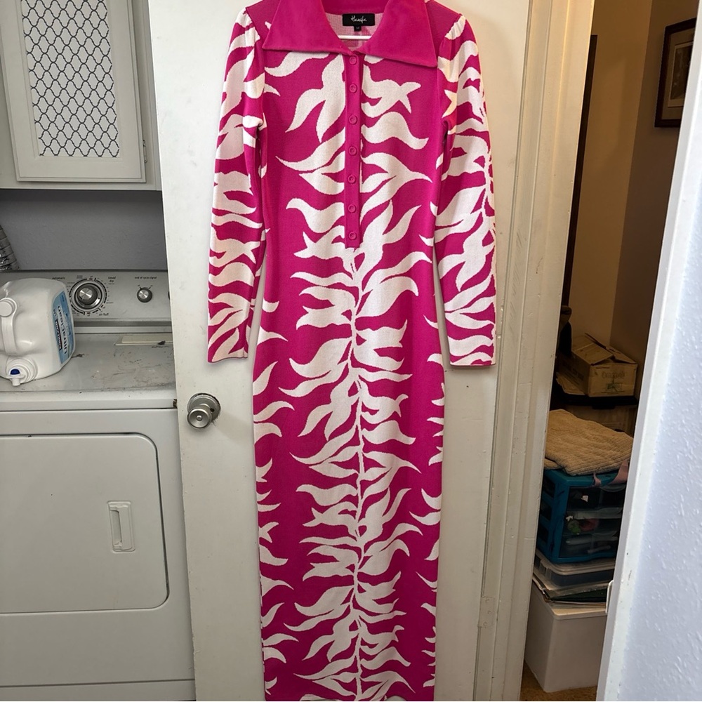 Hanifa Soraya Maxi Pink White Long Sleeve Thick Knit Long Wiggle Dress Size M - Picture 3 of 7